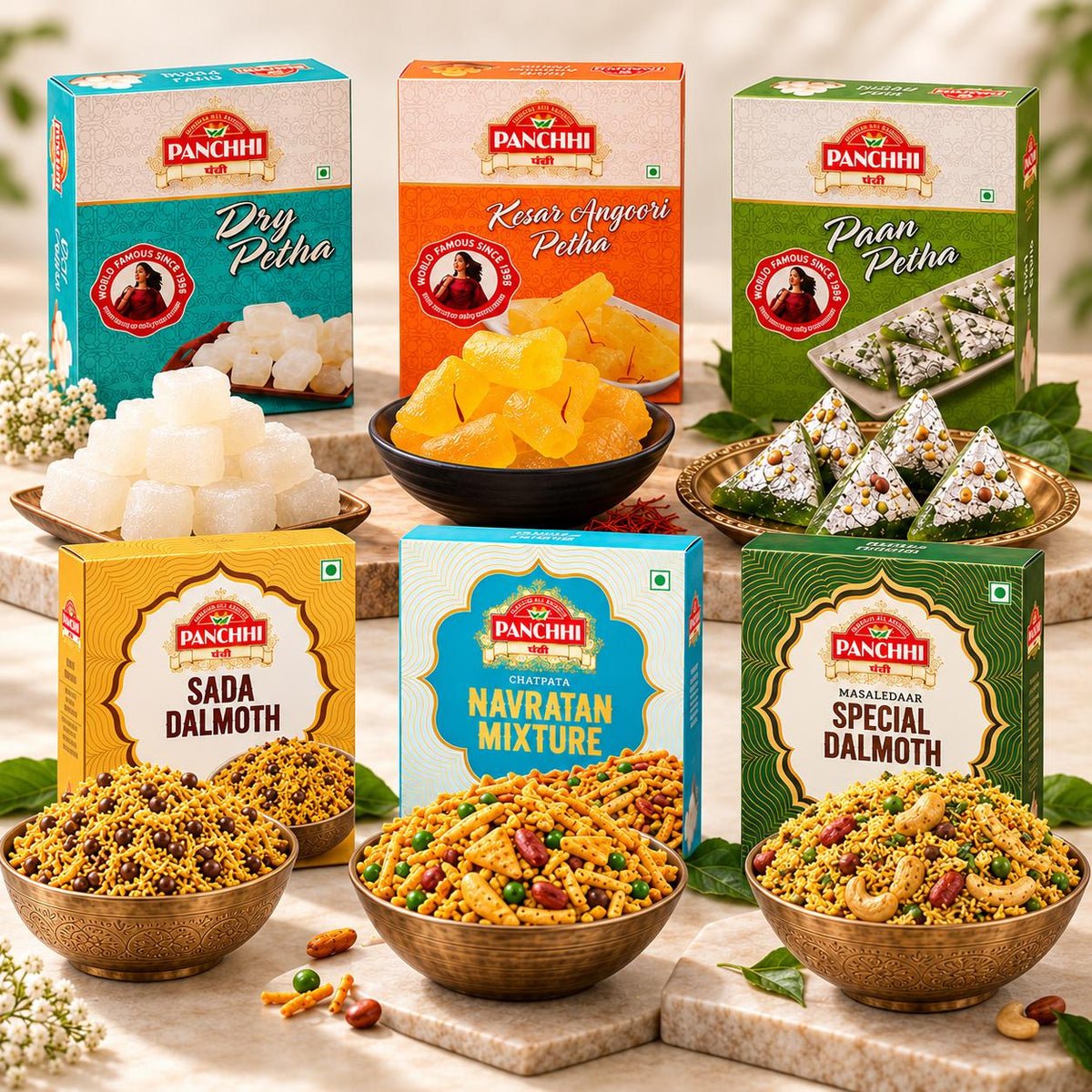 Dry Petha - Kesar Angoori -  Paan - Sada Dalmoth - Navratan - Special Dalmoth(Combo Pack of 6)